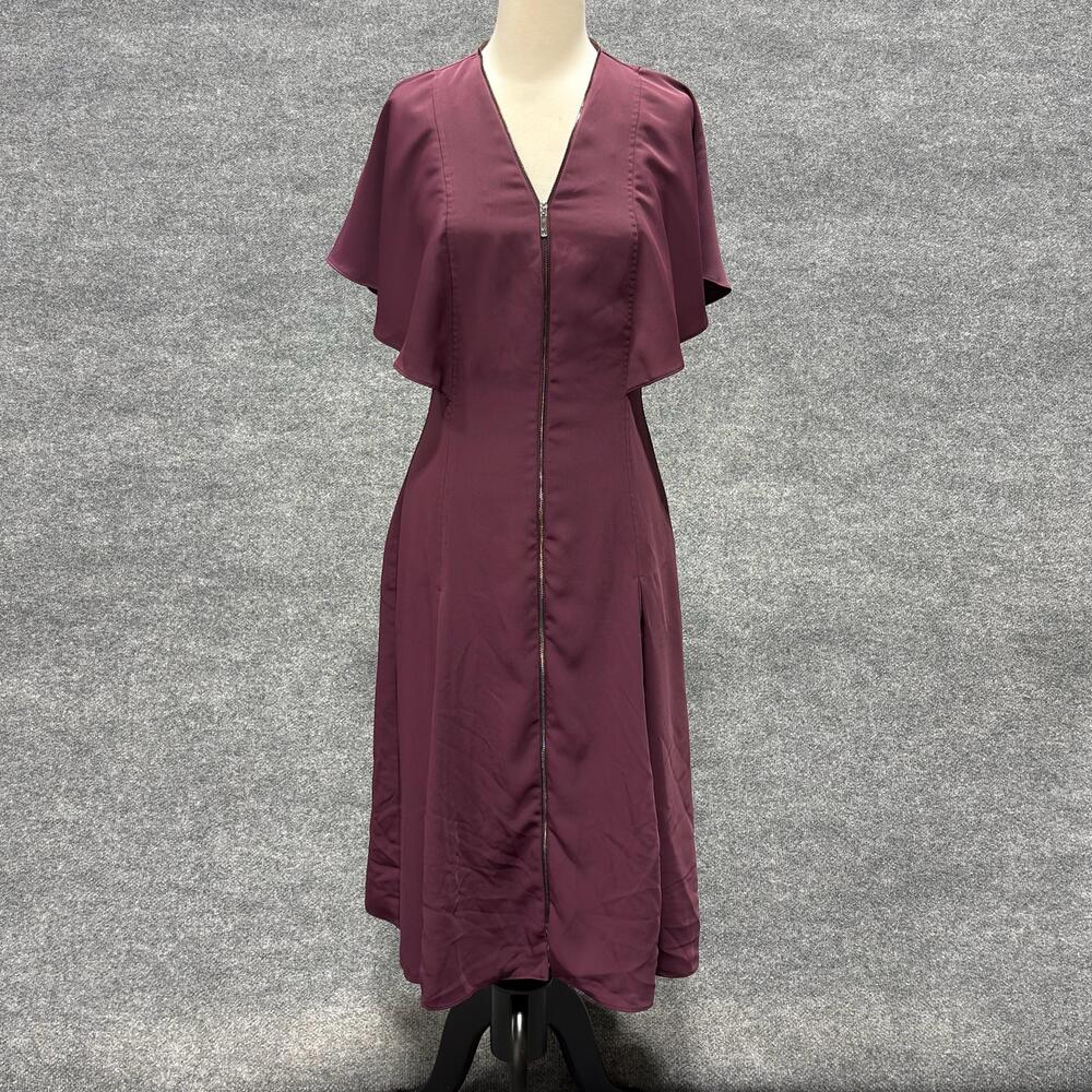 Ted Baker Dress Womens 2 Purple Zip Front Fit Flare Flutter Sleeve Midi